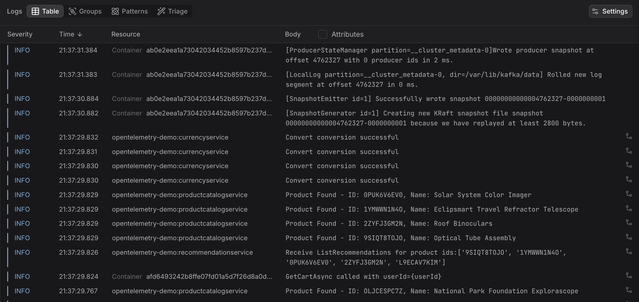 Dash0 Logging Page showing all log records of the last 30 minutes