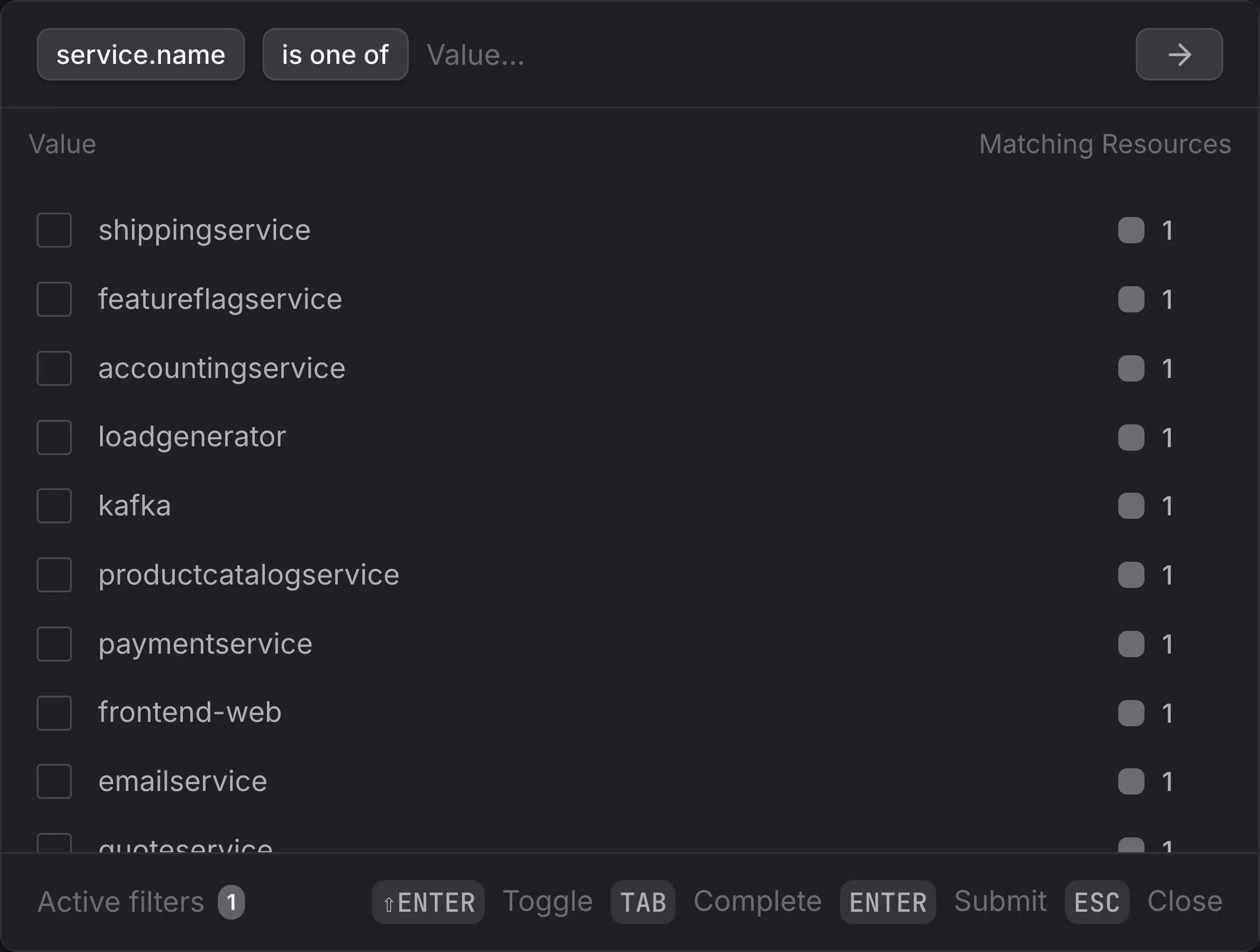 Filter Dialog - Value