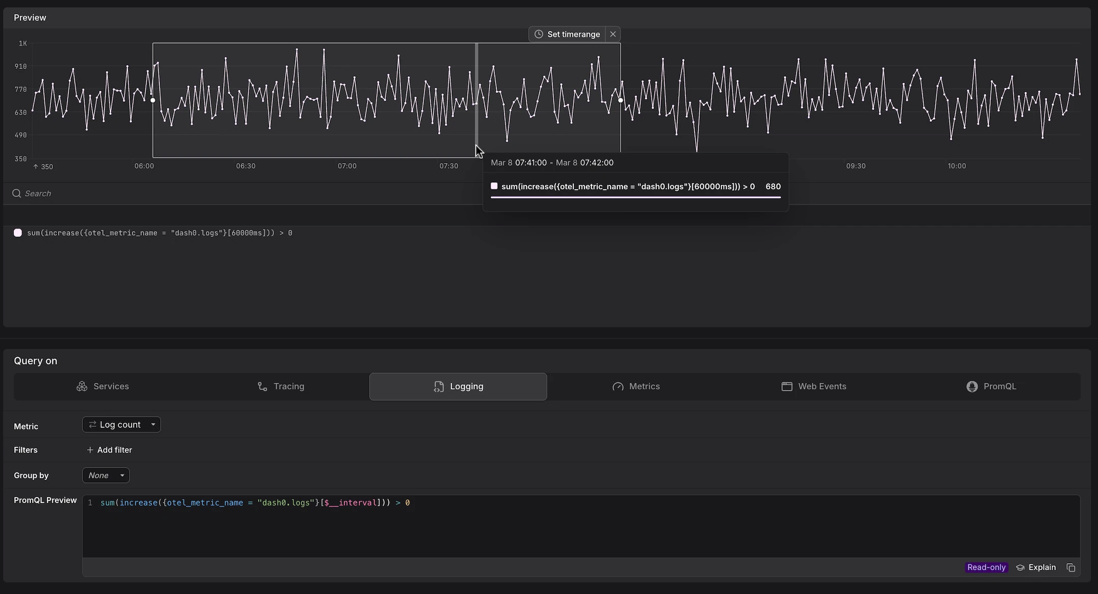 Query Builder Logging tab showing log count over time with a PromQL preview