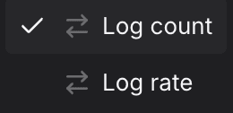 Query Builder Logging tab showing the metric dropdown open with all available options