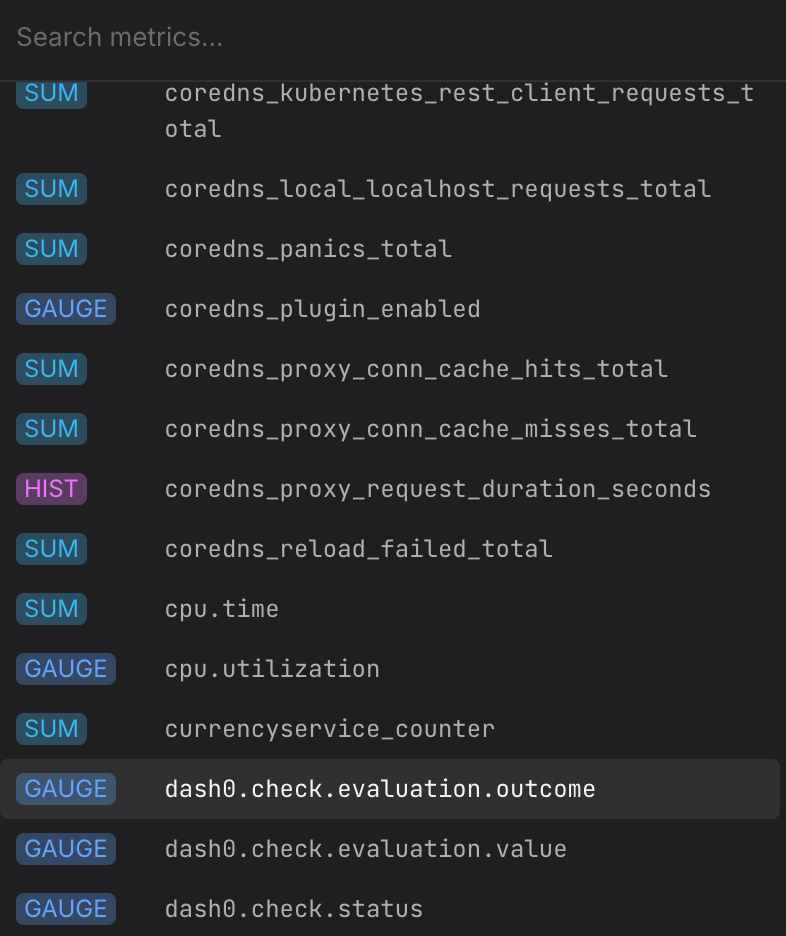 Query Builder Metrics tab showing the metric search picker with application and infrastructure metrics