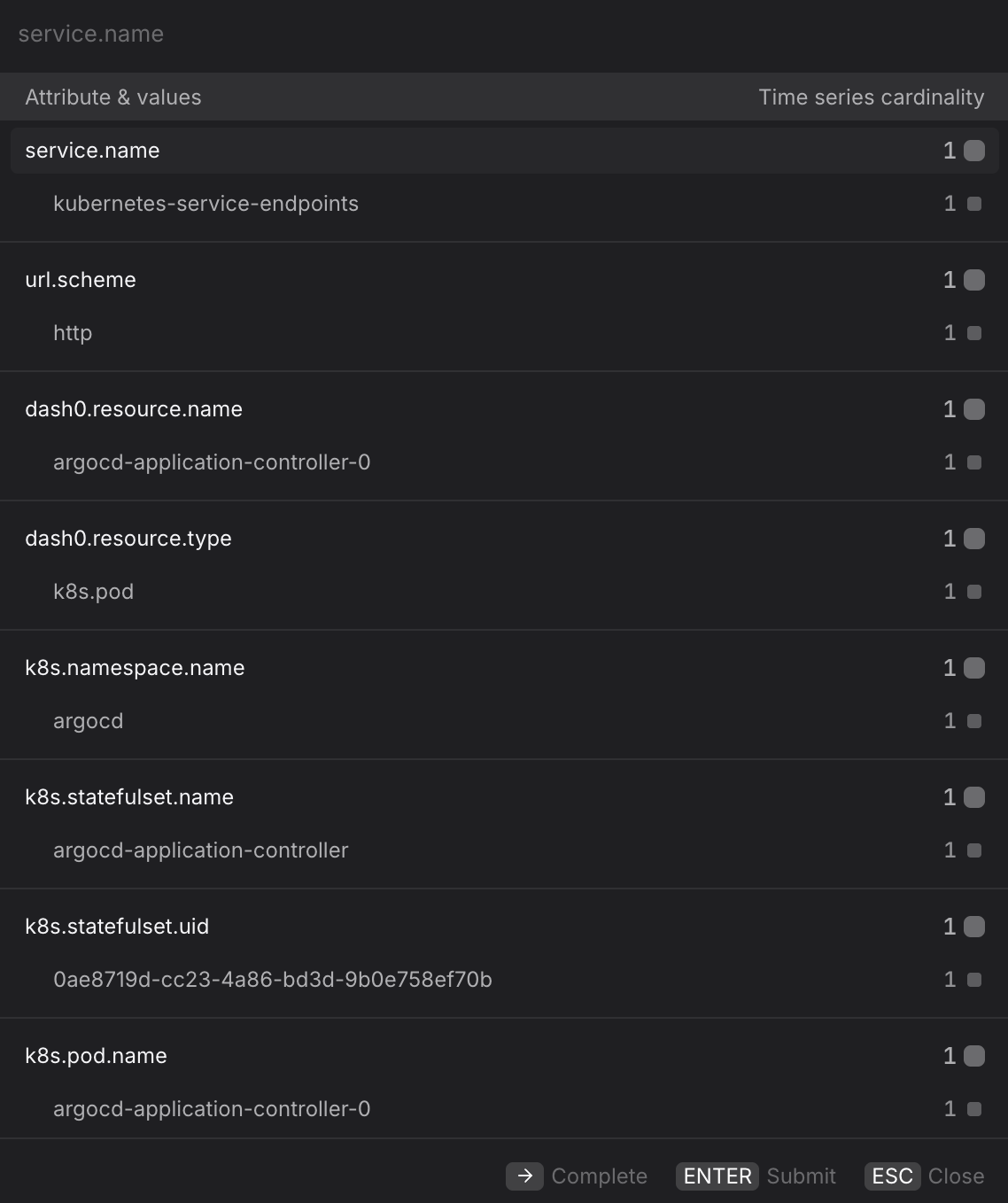 Query Builder Metrics tab showing the filter picker with available attributes