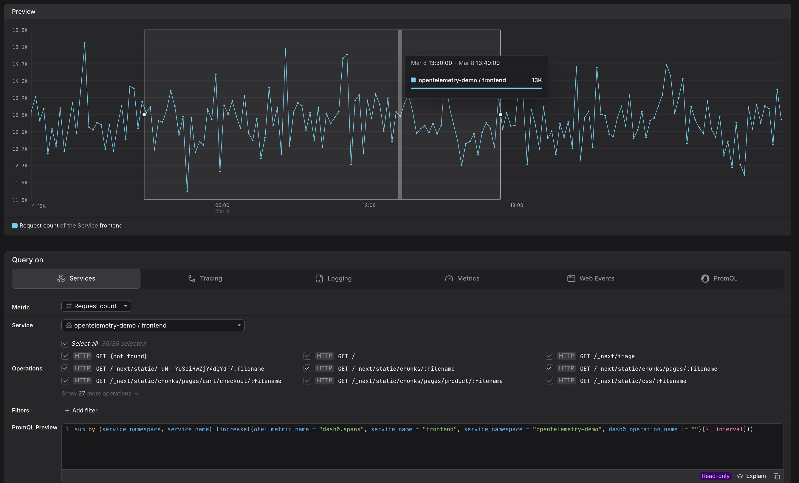 Query Builder Services tab showing request count for the frontend service with all operations listed