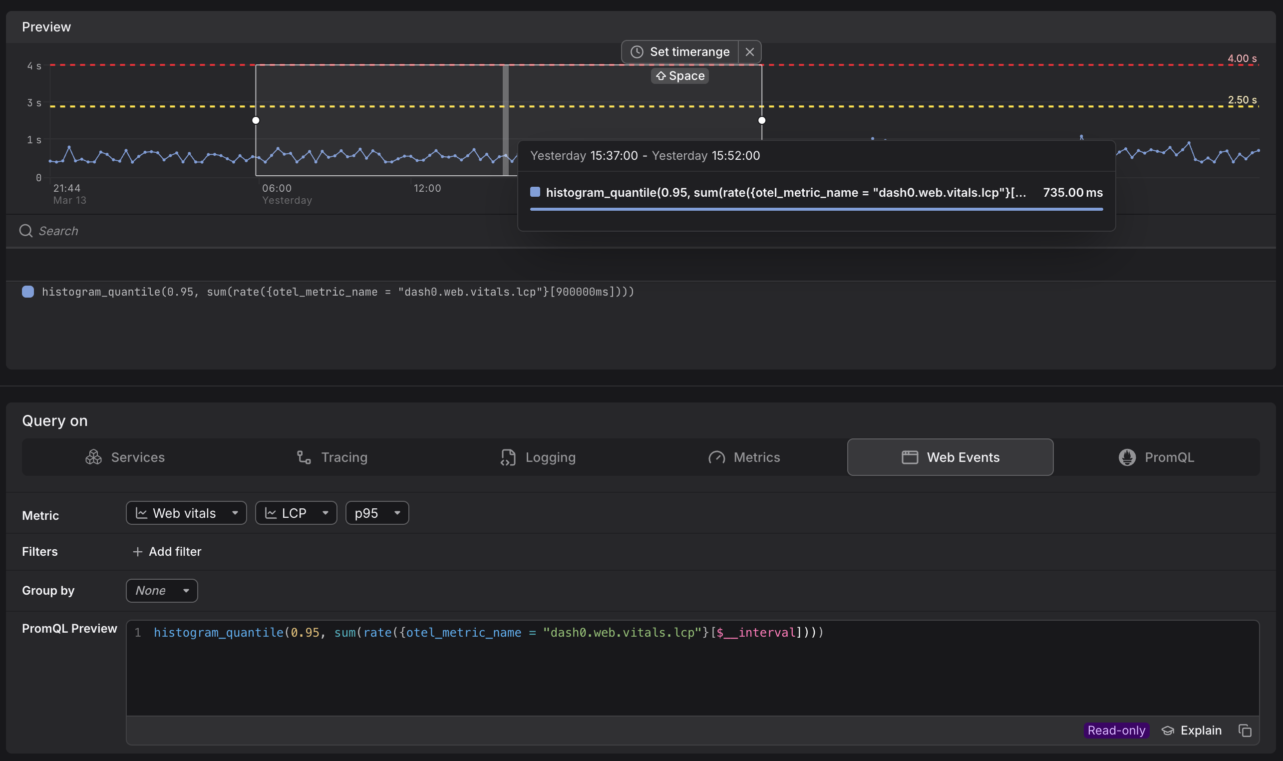 Query Builder Web Events tab showing requests over time with a PromQL preview