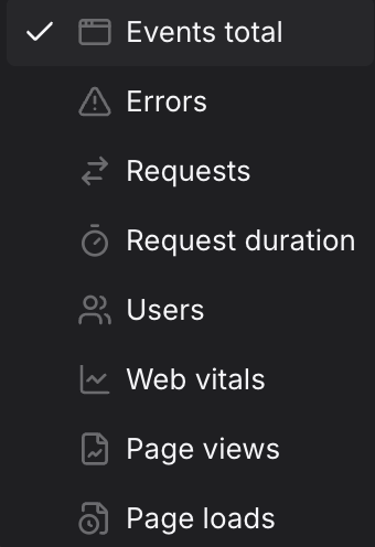 Query Builder Web Events tab showing the metric dropdown open with all available options
