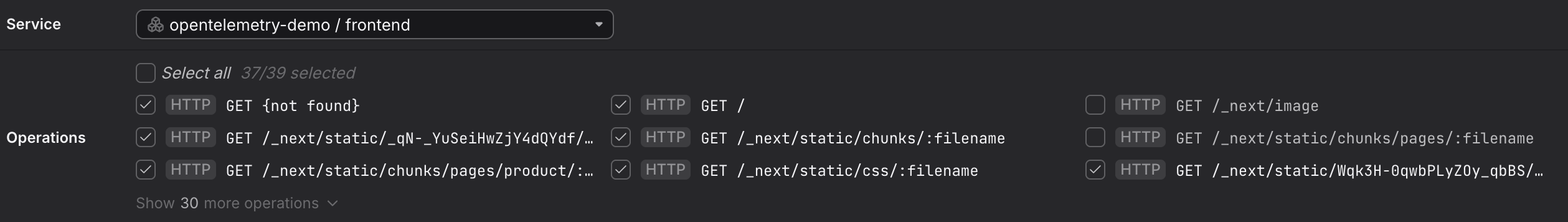 Query Builder Services tab showing the Operations list with all available operations for the frontend service