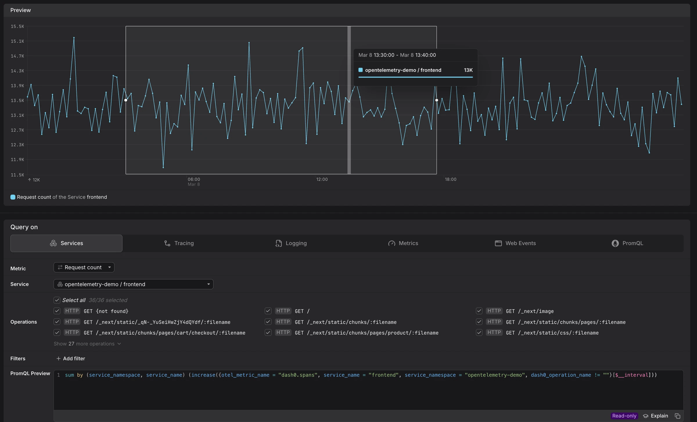 Query Builder Services tab showing request count for the frontend service with all operations listed