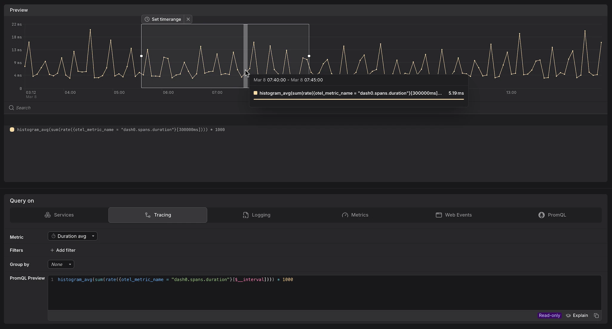 Query Builder Tracing tab showing duration p95 across all spans with a PromQL preview