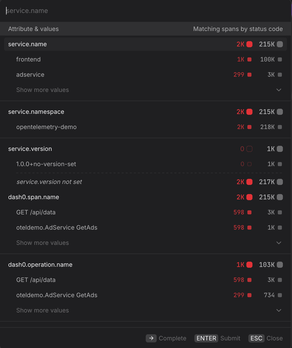 Query Builder Tracing tab showing the filter picker with available attributes