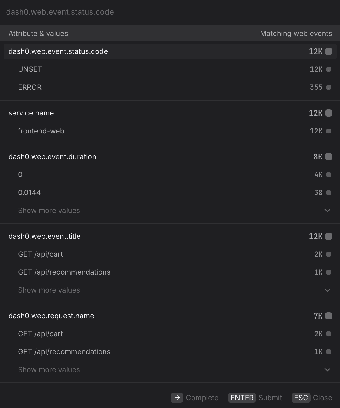 Query Builder Web Events tab showing the filter picker with available attributes