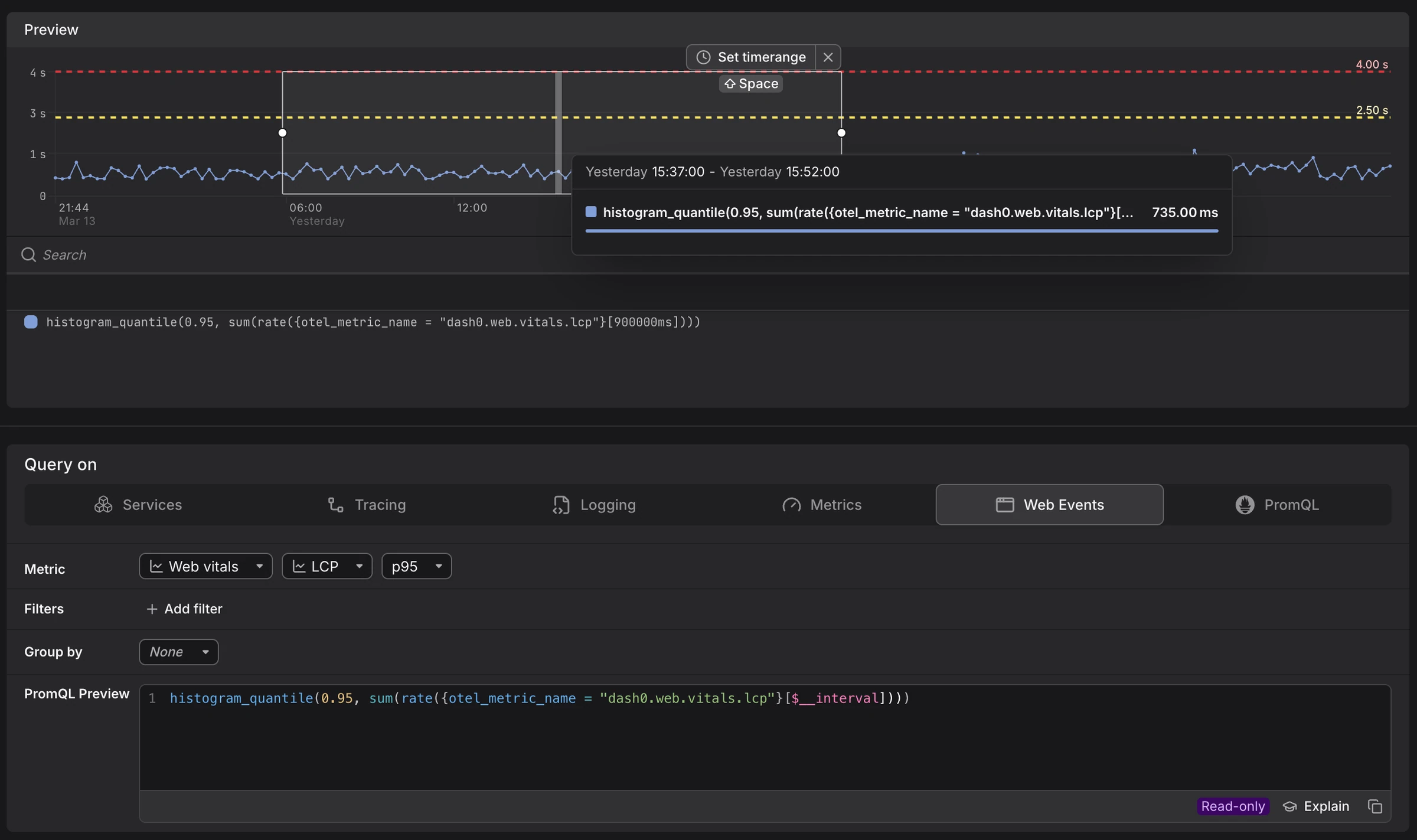 Query Builder Web Events tab showing requests over time with a PromQL preview