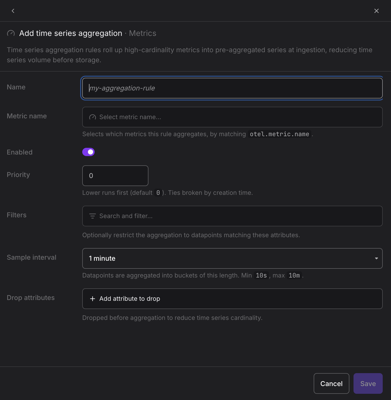 Dash0 Add time series aggregation form for Metrics showing Name, Metric name, Enabled, Priority, Filters, Sample interval, Drop scope attributes, and Drop datapoint attributes fields