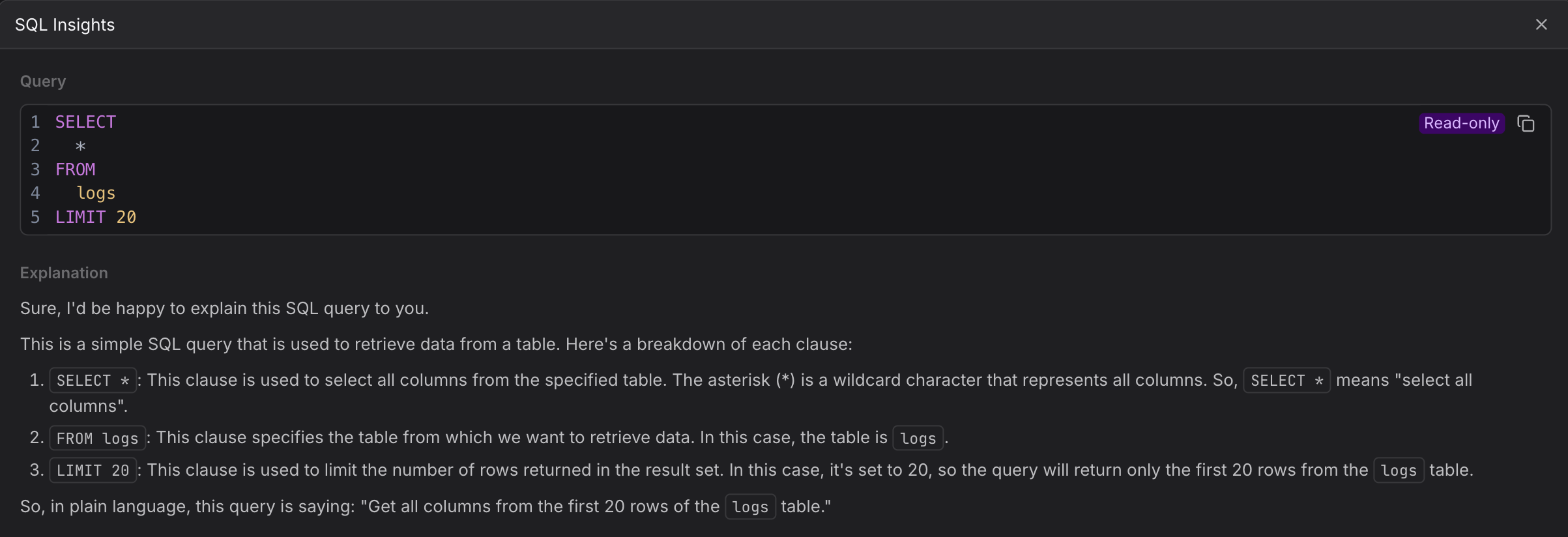 SQL editor Explain panel showing AI-generated plain-English breakdown of query components