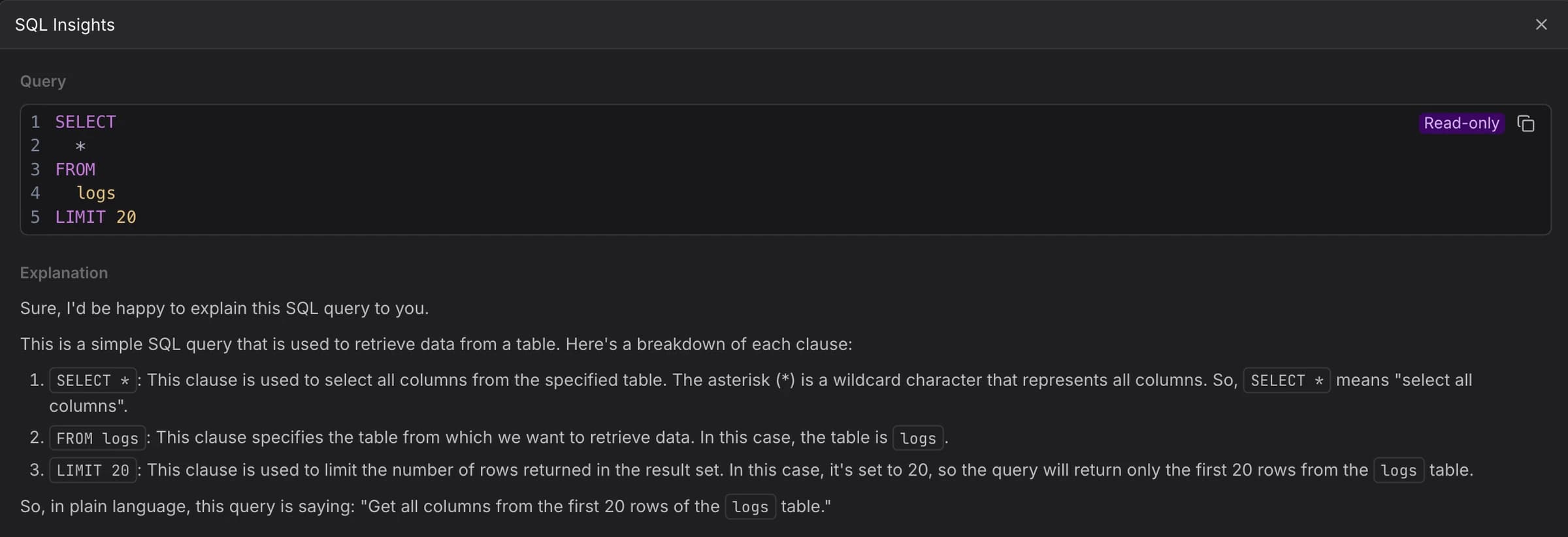 SQL editor Explain panel showing AI-generated plain-English breakdown of query components