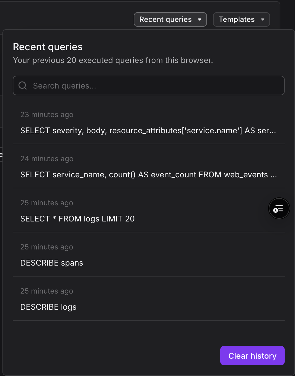 SQL editor Recent queries dropdown showing list of previously executed queries with timestamps