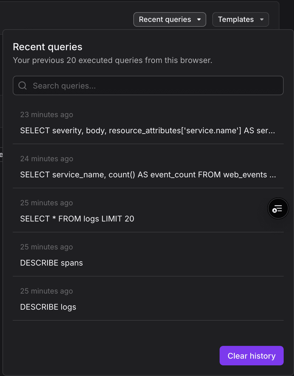 SQL editor Recent queries dropdown showing list of previously executed queries with timestamps