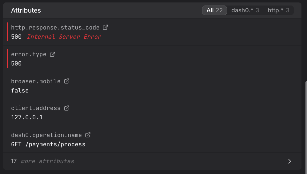 Span Sidebar Attributes section showing filterable key-value pairs with namespace tabs and external link icons