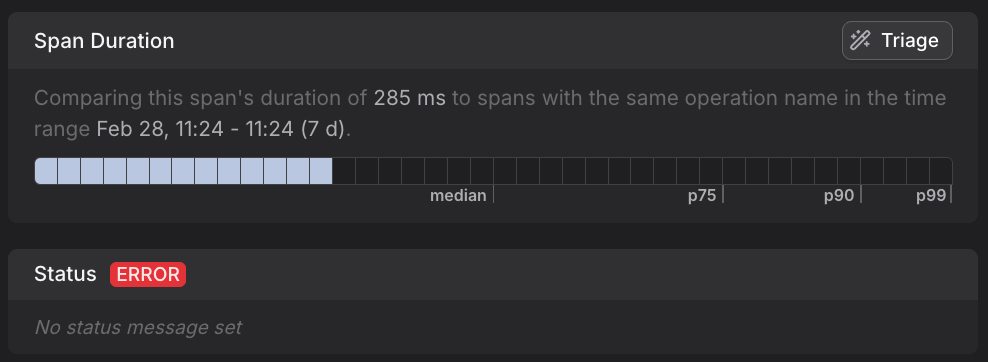 Span Duration section displaying duration chart with percentile distribution and Triage button