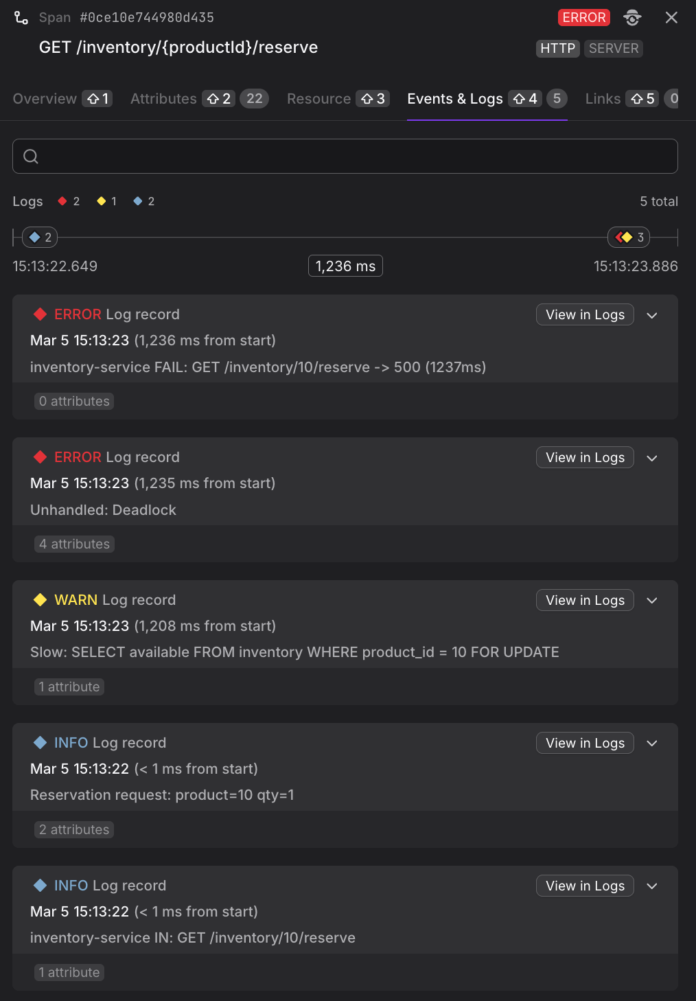 Span Sidebar Events & Logs tab showing log records and span events associated with the selected span