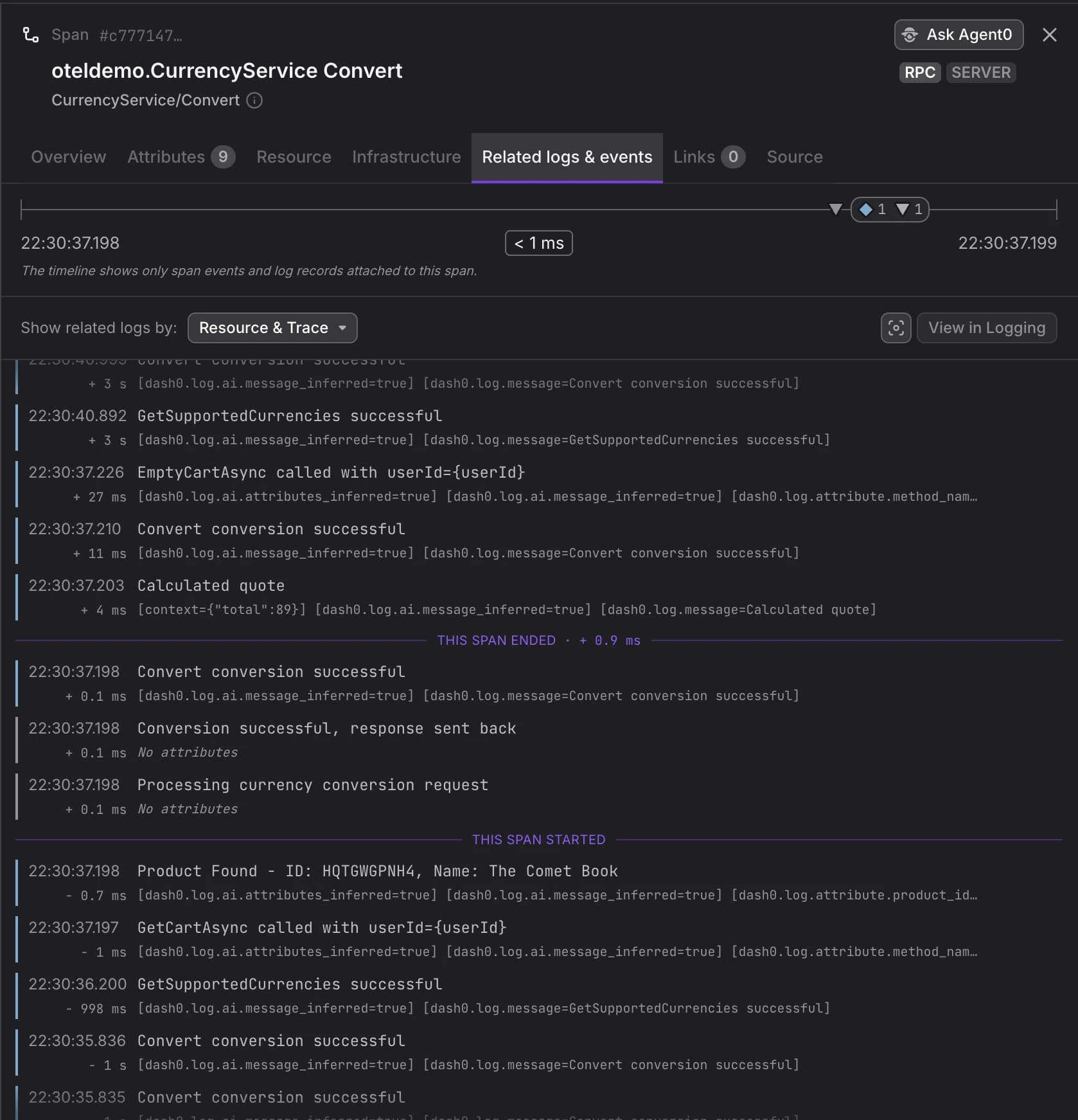 Span Sidebar Related Logs & Events tab showing an interleaved list of log records and span events with the mini-timeline and correlation dropdown at the top