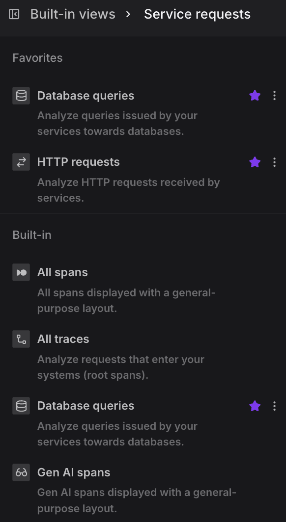 Trace Views Explorer left navigation panel showing Favorites, Built-in, and Custom sections with saved span views