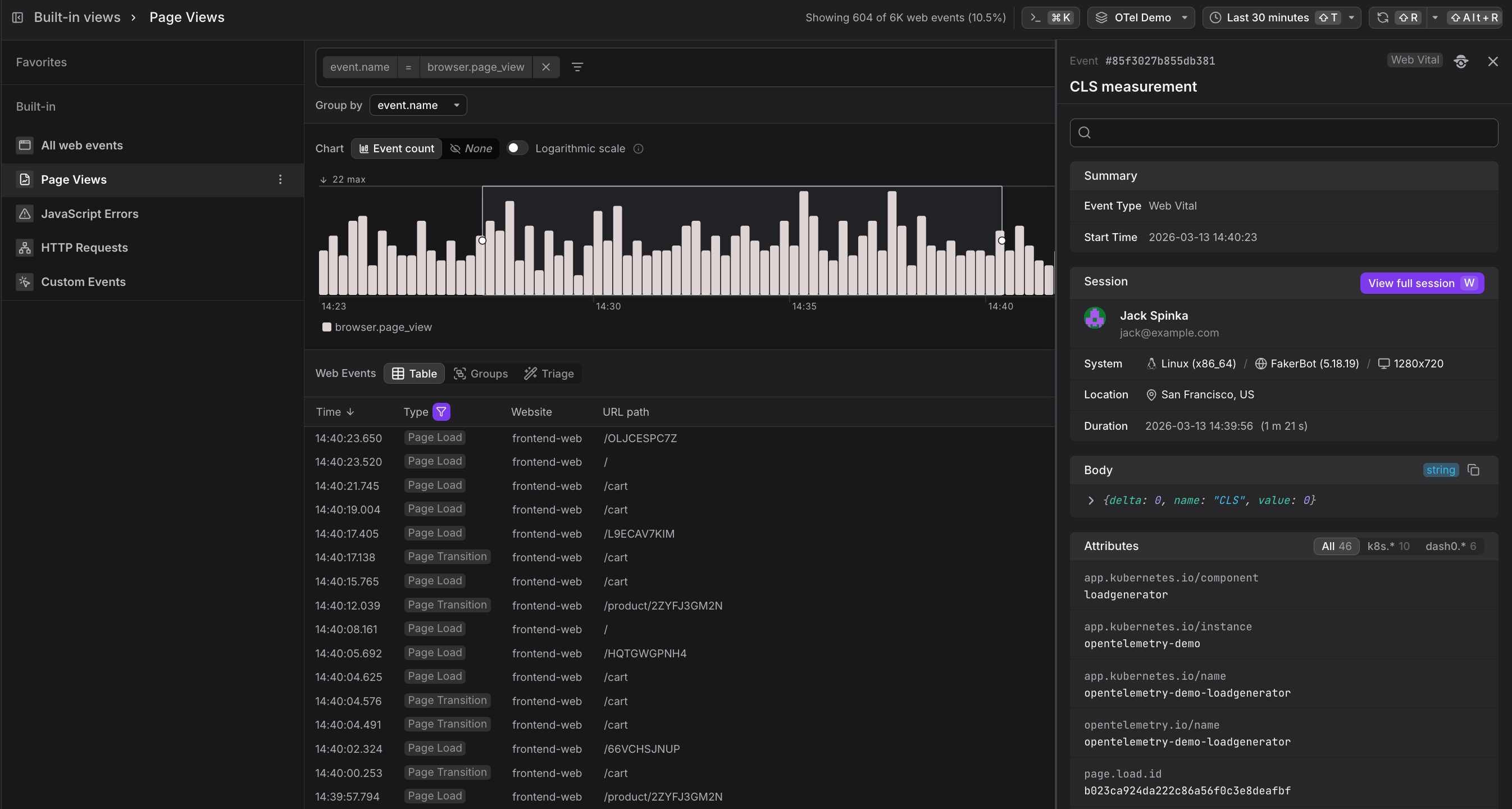 Page Views view showing the filtered chart and table with Page Load / Page Transition type badges and URL path column