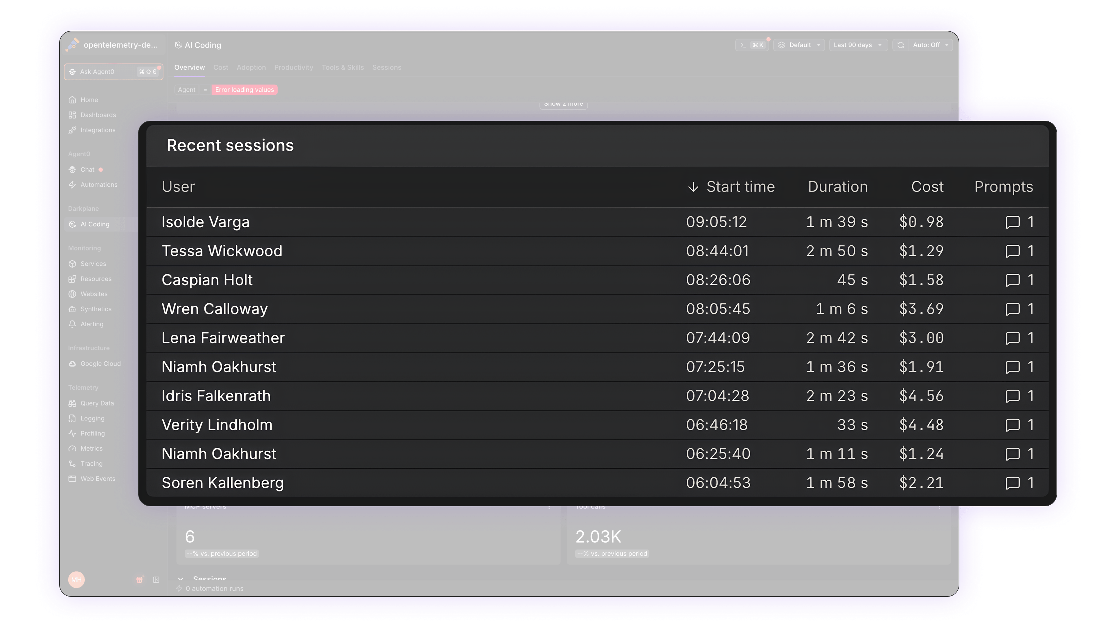 Agent Sessions list view