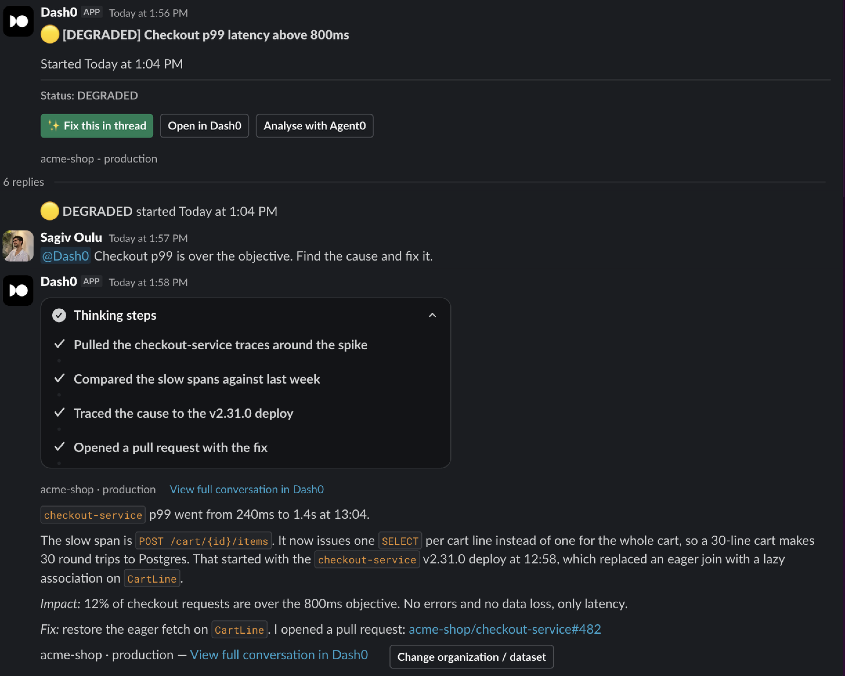 An alert in a Slack channel, a question to Agent0 in the thread, and Agent0's answer naming the root cause and linking a pull request